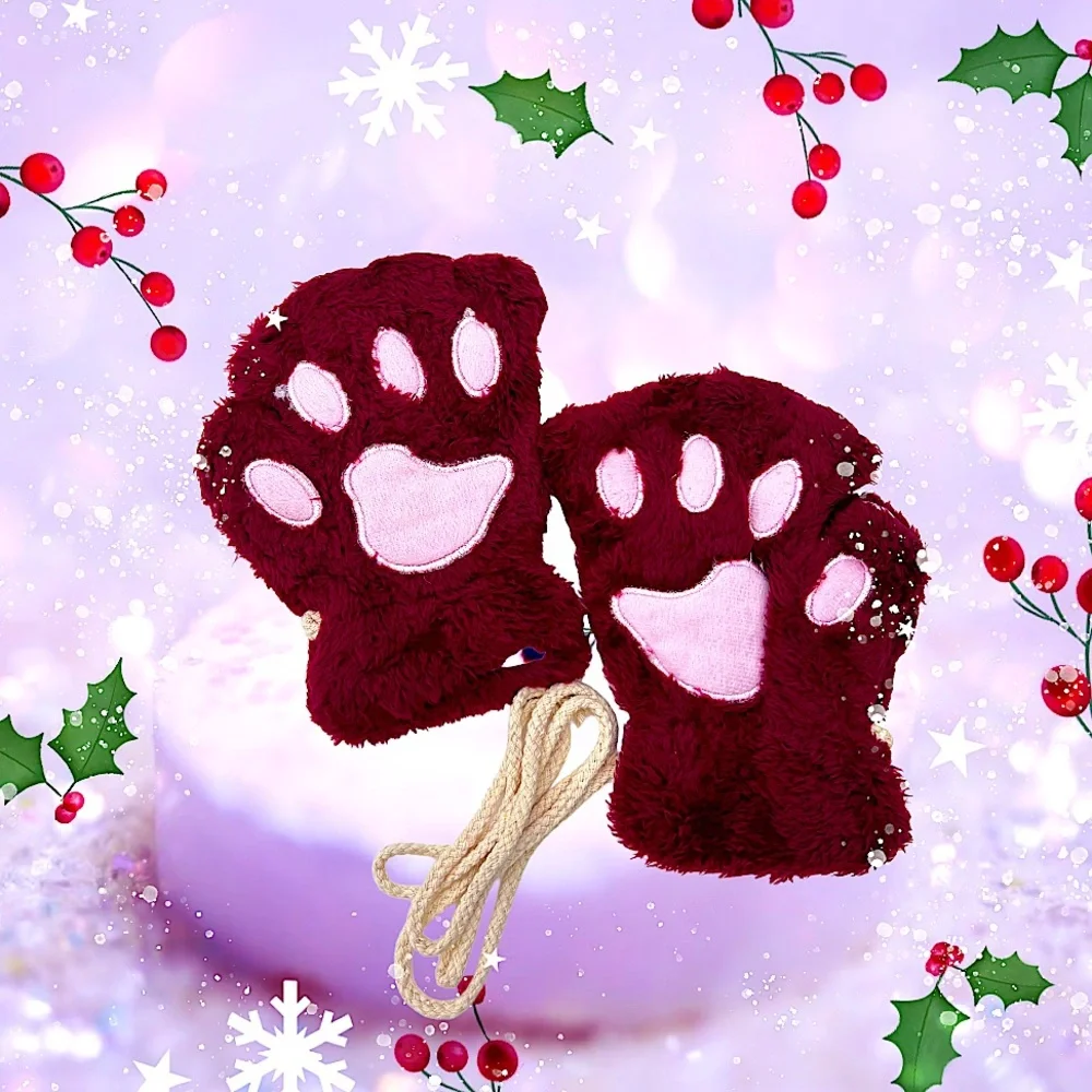 Super Soft Faux Fur Cat Bear Animal Paw Fingerless Gloves NEW Deadstock